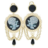 Graziella 23K Gold Plated Carved Rose & Black Onyx Drop Earrings