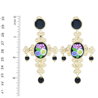 Graziella 23K Gold Plated Carved Resin & Black Onyx Cross Earrings