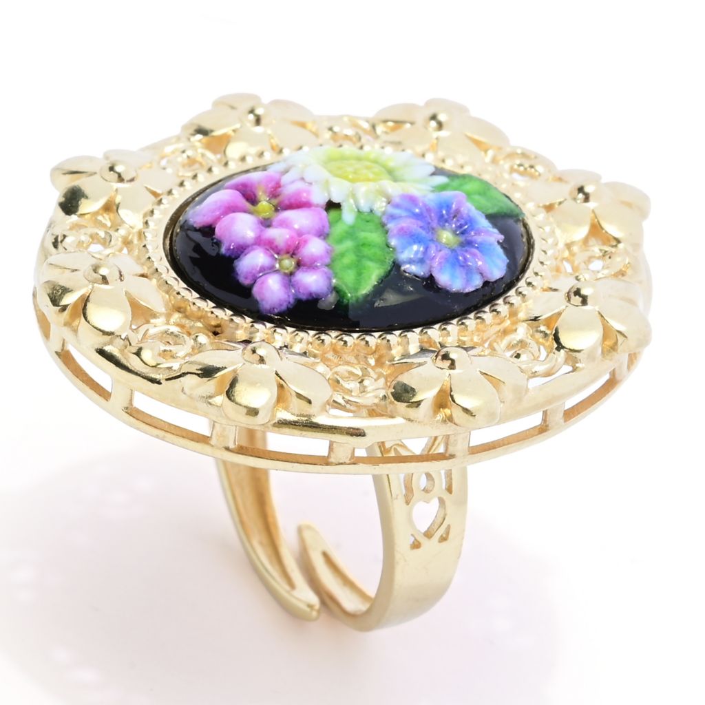 Graziella 23K Gold Plated Painted Floral Carved Resin Flower Ring