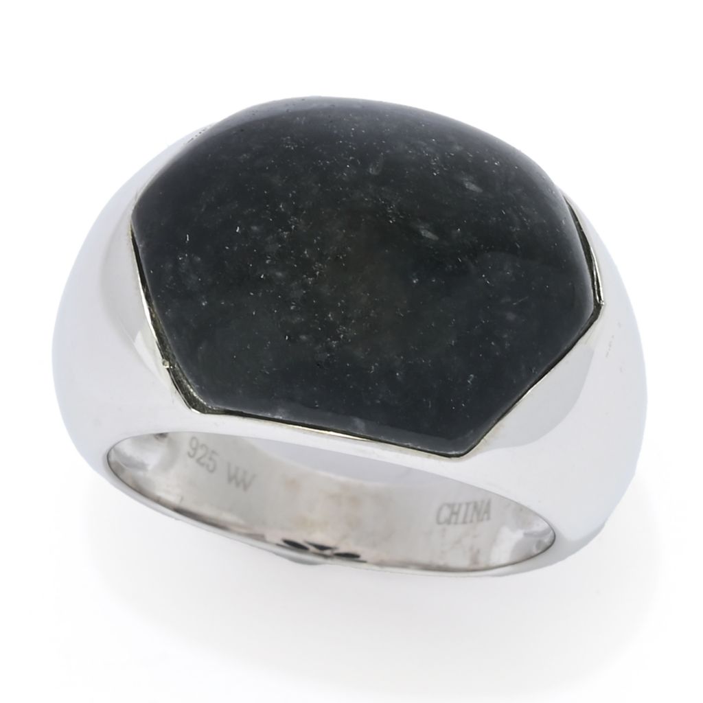 Far East Jewelry Sterling Silver 17x13mm Hexagon Charcoal Jade Ring