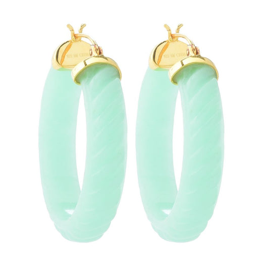 Far East Jewelry 14K Gold Plated 38x8mm Carved Jade 1.5" Hoop Earrings