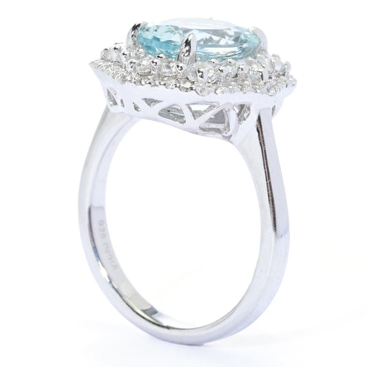 Gem Treasures Sterling Silver 3.30ctw Aquamarine & Zircon Halo Ring