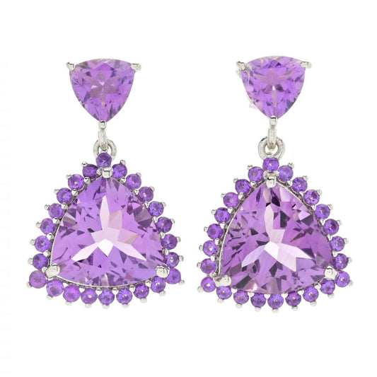 Platinum Plated "Hollywood" 13.38ctw Trillion Shape Brazilian Amethyst Earrings