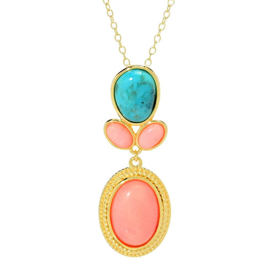 18K Gold Plated Pink Coral & Blue Mohave Turquoise Drop Pendant with Chain