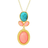 18K Gold Plated Pink Coral & Blue Mohave Turquoise Drop Pendant with Chain
