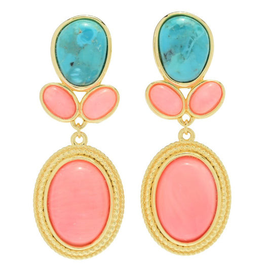 18K Gold Plated 14x10mm Salmon Coral & Blue Mohave Turquoise Drop Earrings