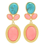 18K Gold Plated 14x10mm Salmon Coral & Blue Mohave Turquoise Drop Earrings
