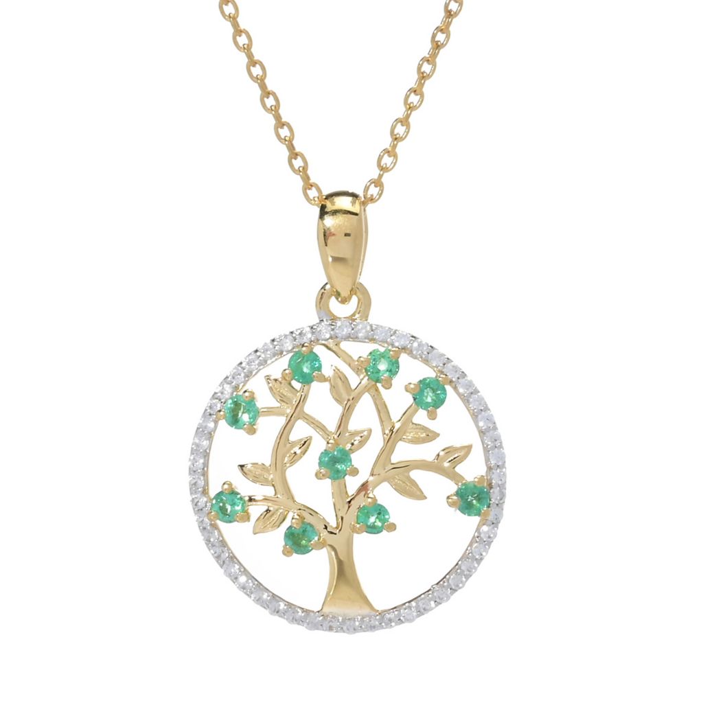Gem Treasures 0.84ctw Zambian Emerald & Zircon Tree of Life Pendant w/ Chain