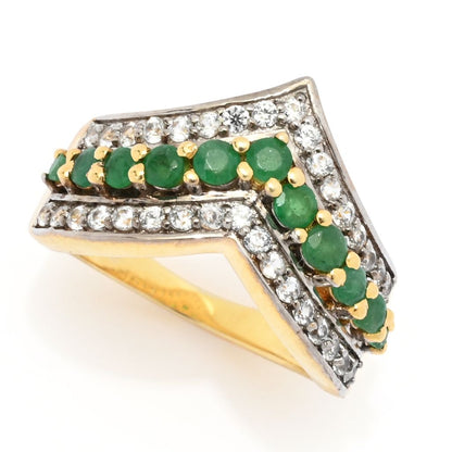 18K Gold Plated 1.23ctw Brazilian Sakota Emerald & Zircon Chevron Ring