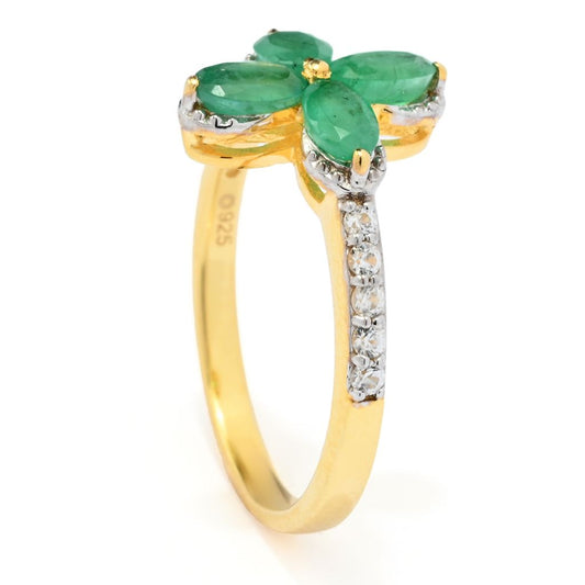 18K Gold Plated 1.11ctw Brazilian Sakota Emerald & Zircon Flower Cluster Ring