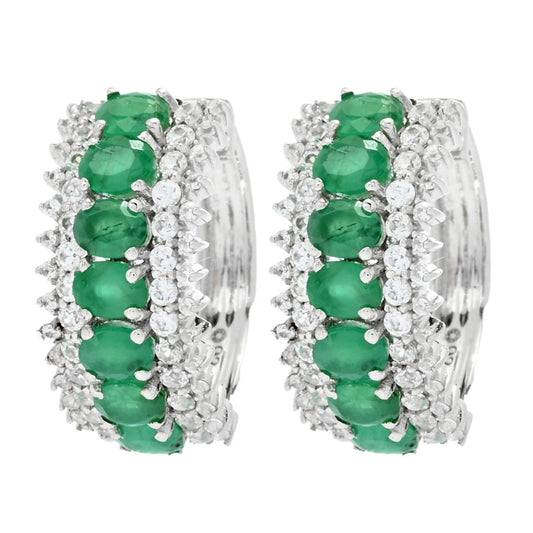Platinum Plated 3.30ctw Brazilian Sakota Emerald & Zircon Hoop Earrings
