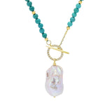 18K Gold Plated 25x15mm Baroque Cultured Pearl, Turquoise & Zircon Necklace