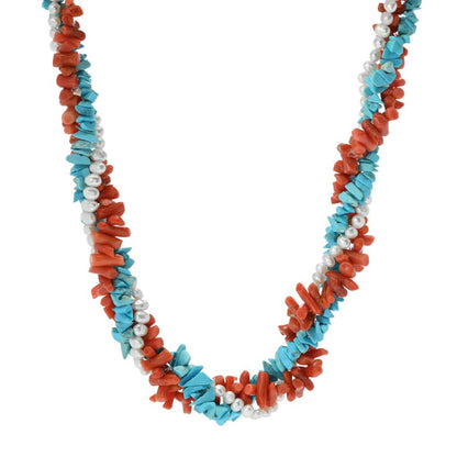Cameo Italiano "Elements" Coral, Cultured Pearl & Turquoise Torsade 22"+2" Necklace