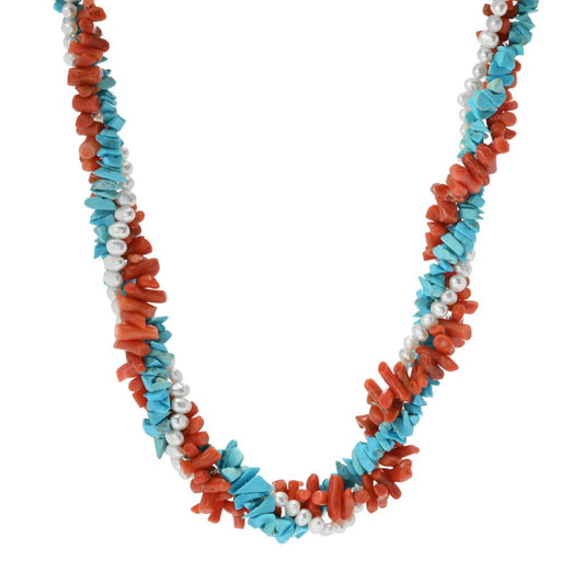 Cameo Italiano "Elements" Coral, Cultured Pearl & Turquoise Torsade 22"+2" Necklace