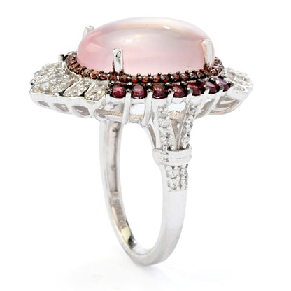 Gem Treasures 16x12mm Rose Quartz, Rhodolite Garnet & Zircon Ring