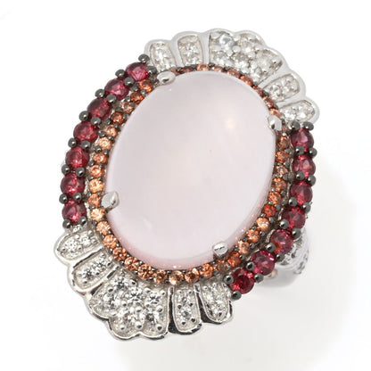 Gem Treasures 16x12mm Rose Quartz, Rhodolite Garnet & Zircon Ring