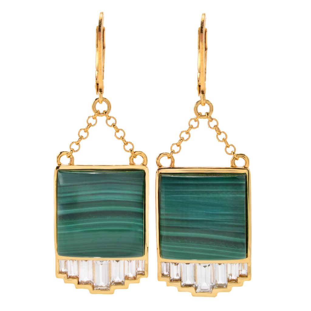 18K Gold Plated 15mm Malachite & White Topaz Drop Earrings