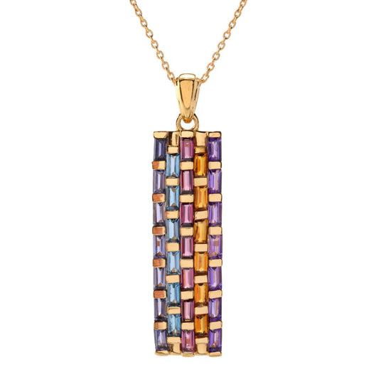 18K Gold Plated 2.77ctw Baguette Multi Gemstone Pendant w/ Chain