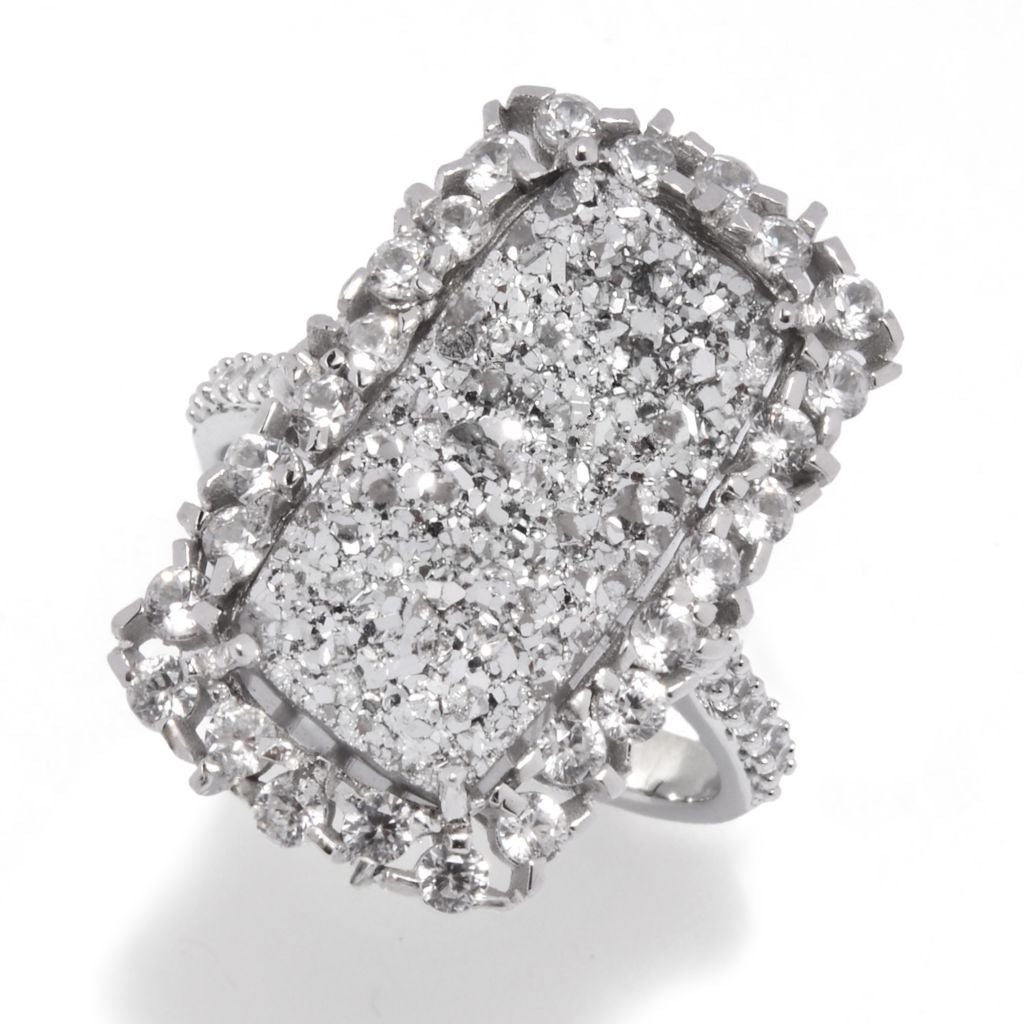 Sterling Silver 18x9mm Drusy & White Zircon Elongated Ring