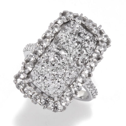 Sterling Silver 18x9mm Drusy & White Zircon Elongated Ring