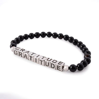 Platinum Plated Choice of Mantra Black Onyx Bead Stretch Bracelet