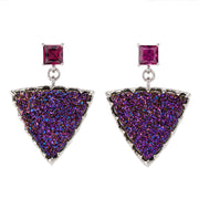 Sterling Silver 18mm Triangle Pink Drusy & Gem Stud Drop Earrings