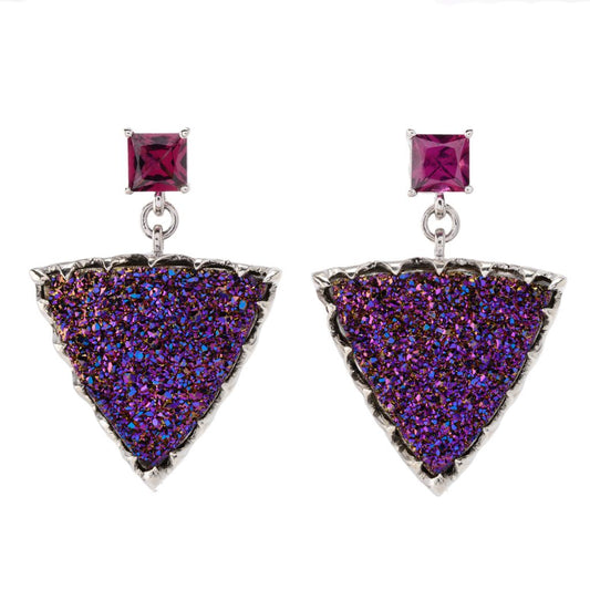 Sterling Silver 18mm Triangle Pink Drusy & Gem Stud Drop Earrings