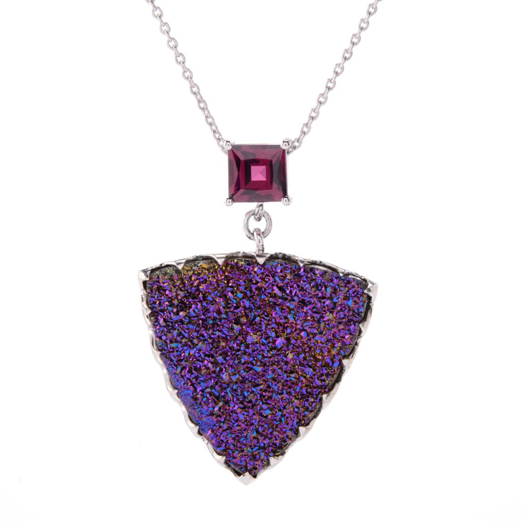 Sterling Silver 23mm Triangle Pink Drusy & Gem Pendant w/ Chain