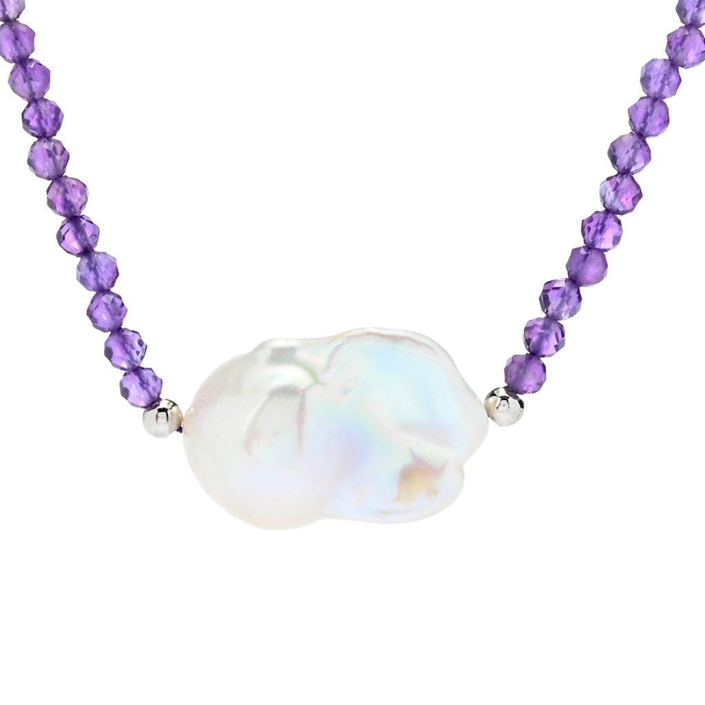 Platinum Plated 20x15mm Baroque Cultured Pearl & Amethyst Faceted Bead Necklace