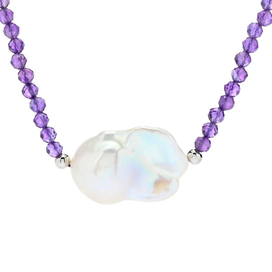 Platinum Plated 20x15mm Baroque Cultured Pearl & Amethyst Faceted Bead Necklace