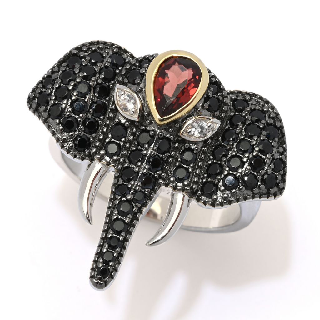 18K Gold Plated Platinum Plated 1.52ctw Garnet & Black Spinel Elephant Ring