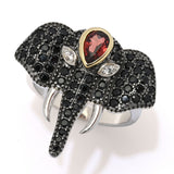 18K Gold Plated Platinum Plated 1.52ctw Garnet & Black Spinel Elephant Ring