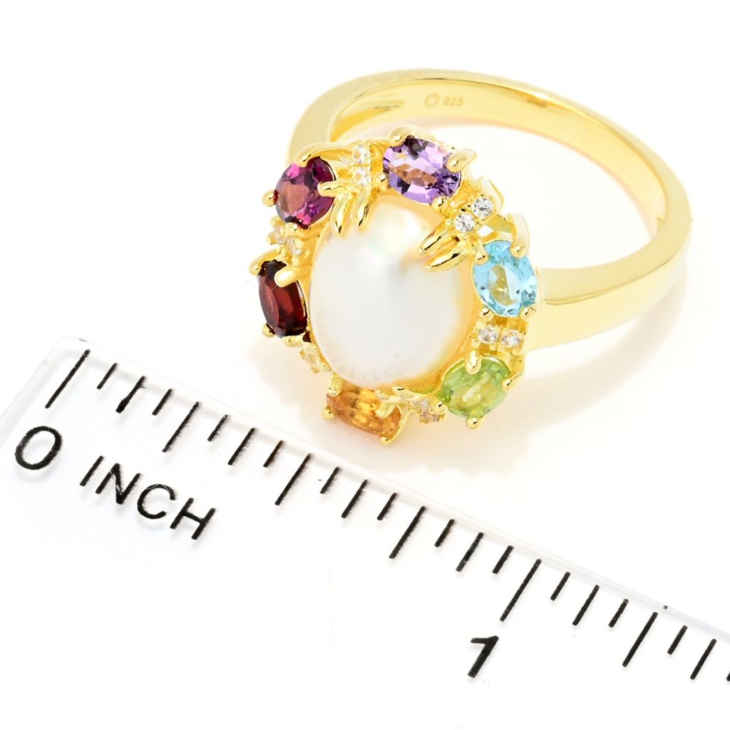 18K Gold Plated 10x8mm Oval Cultured Mabe Pearl & Multi Gemstone Ring