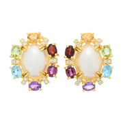 18K Gold Plated 10x8mm Oval Cultured Mabe Pearl & Multi Gem Stud Earrings