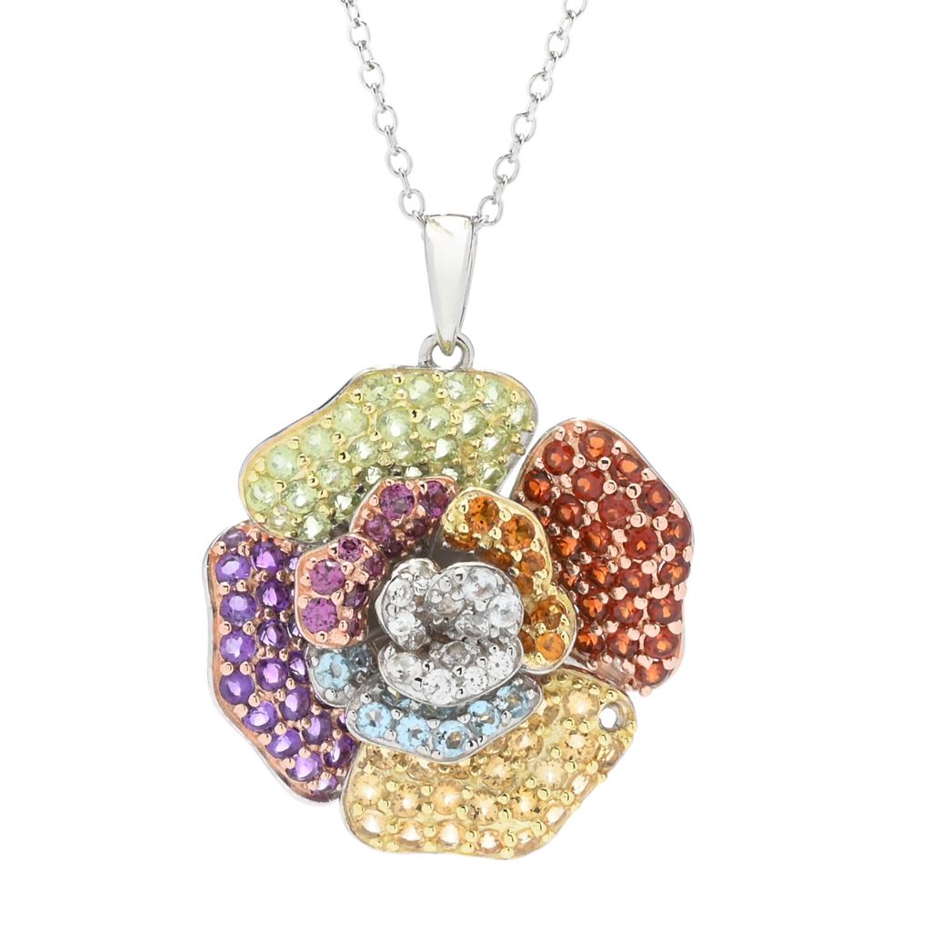 18K Gold & Platinum Plated 4.92ctw Multi Gem Blooming Flower Pendant w/ Chain