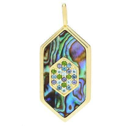 14K Gold Plated Fancy Cut Abalone & Multi-Gemstone Hexagon Pendant