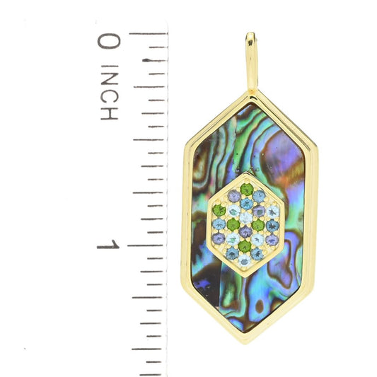 14K Gold Plated Fancy Cut Abalone & Multi-Gemstone Hexagon Pendant