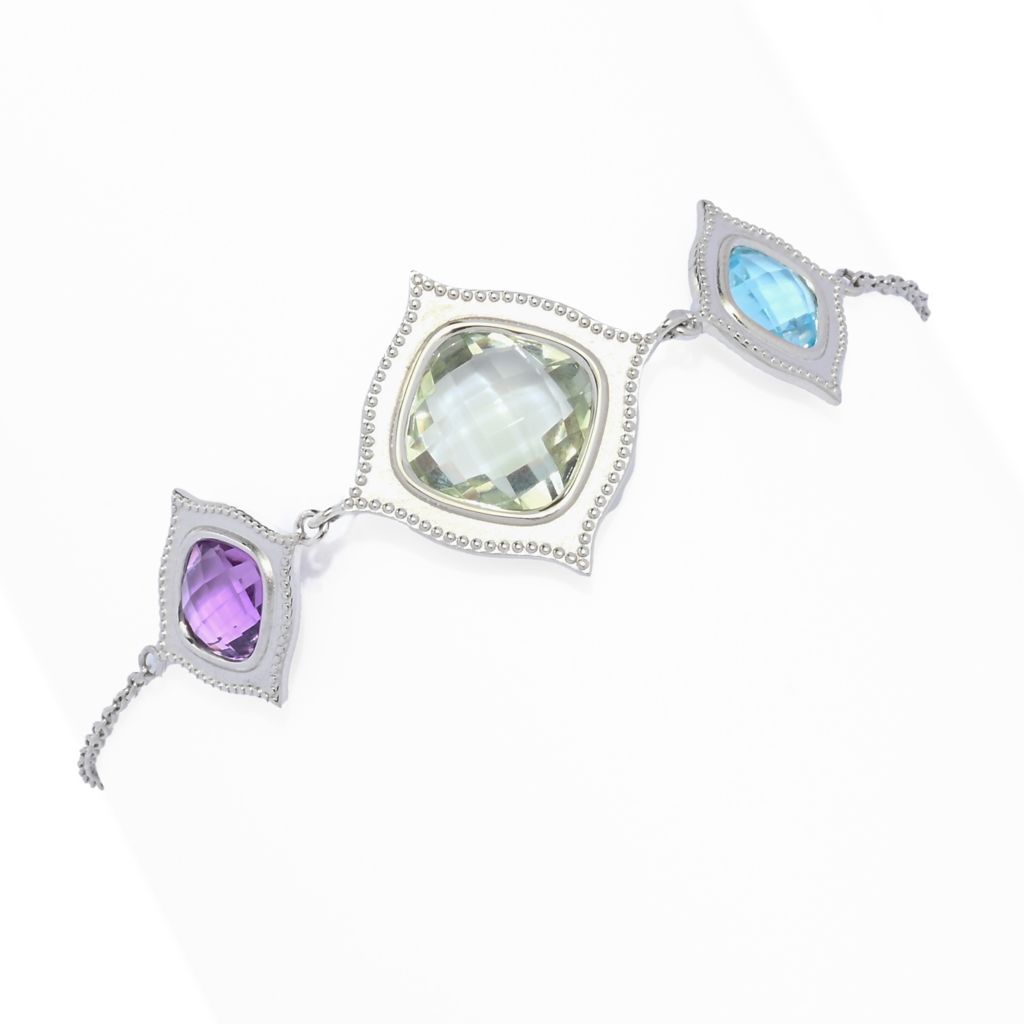 Platinum Plated 3-Stone Checkerboard Cut Gemstone Bolo Bracelet