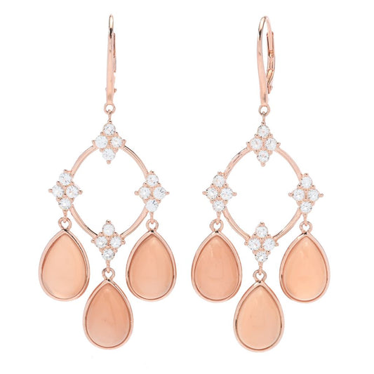 14K Gold Plated Peach Moonstone & White Topaz Chandelier Earrings