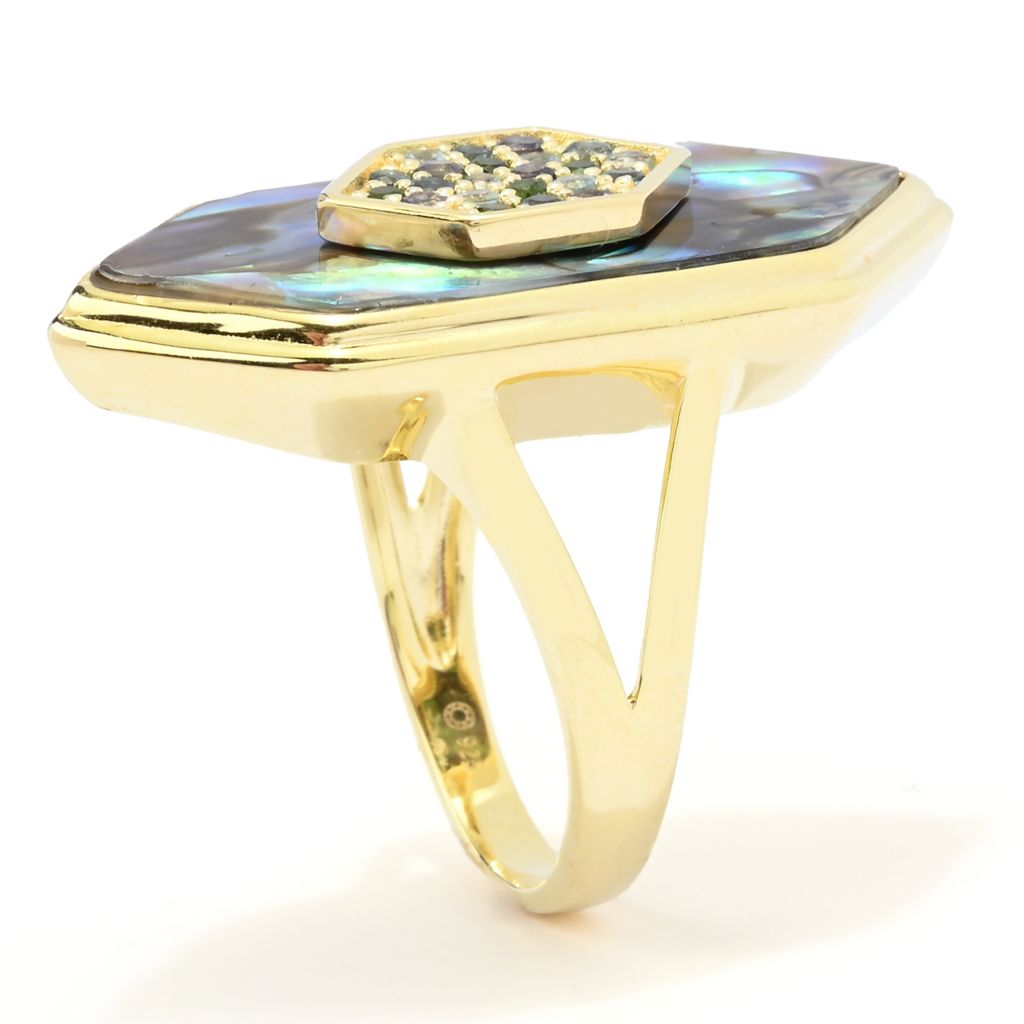 14K Gold Plated Fancy Cut Abalone & Multi-Gem Hexagon Shape Ring