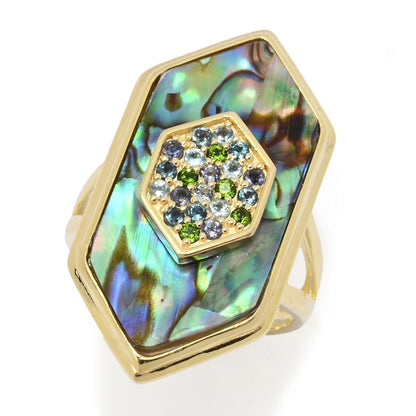 14K Gold Plated Fancy Cut Abalone & Multi-Gem Hexagon Shape Ring