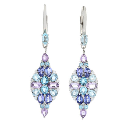 Platinum Plated 5.06ctw Topaz, Amethyst, Tanzanite & Zircon Drop Earrings