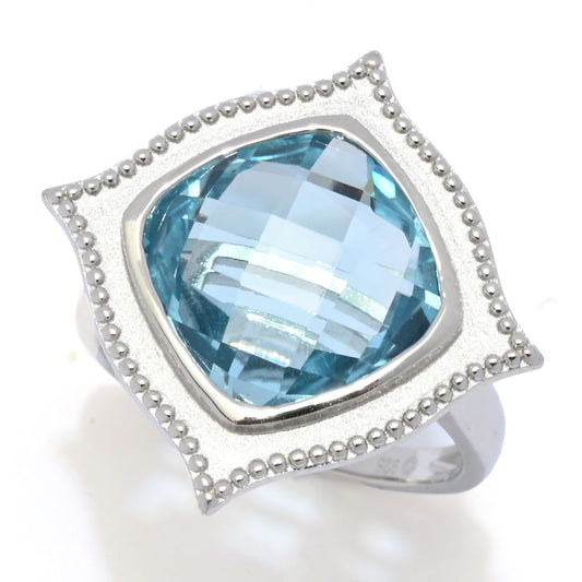 Platinum Plated Choice of Gemstone 12mm Checkerboard Cut Satin Finish Ring