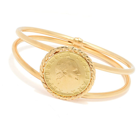 Toscana Italiana 18K Gold Plated Tubing Genuine 200 Lire Coin Bangle Bracelet