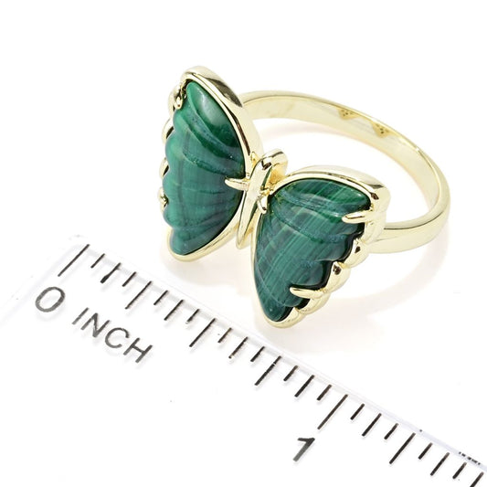 18K Gold Plated 15x8.5mm Carved Malachite Butterfly Ring