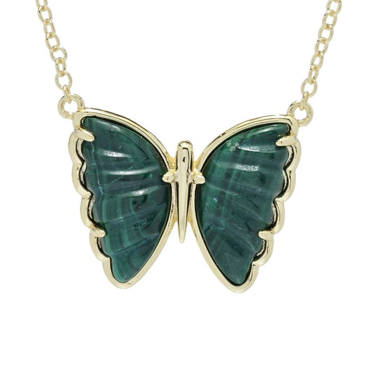 18K Gold Plated 15x8.5mm Carved Malachite Butterfly Necklace