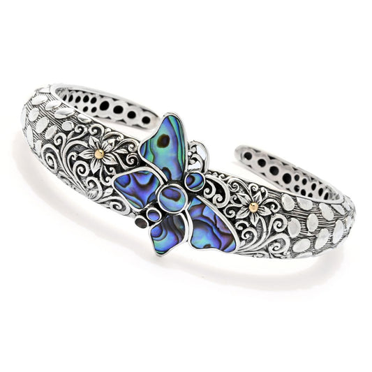 Artisan Silver by Samuel B. 18K Gold Accented Abalone Butterfly Bangle Bracelet
