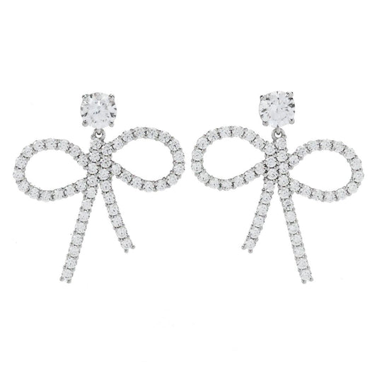 Brilliante Platinum Plated 4.94 DEW Simulated Diamond Bow Drop Earrings