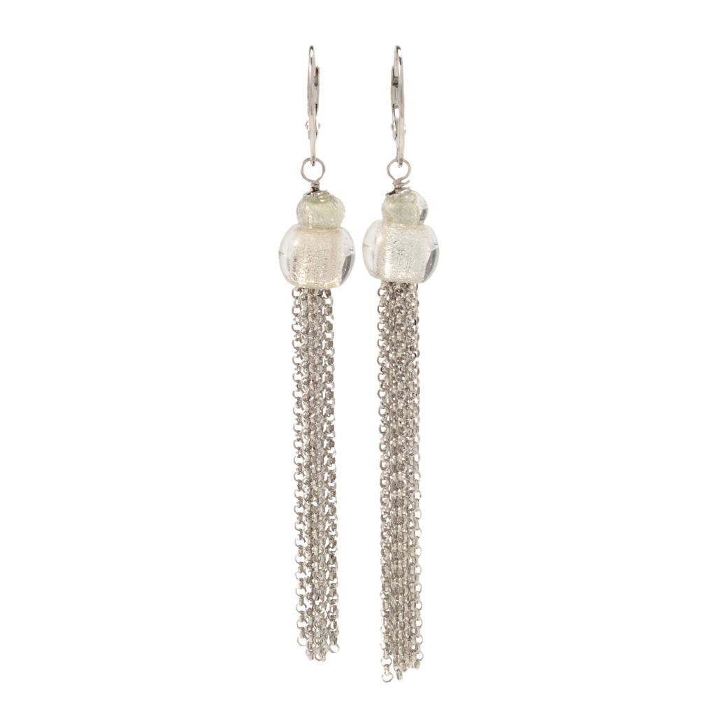 Sterling Silver Murano Glass Bead Chain Fringe Dangle Earrings