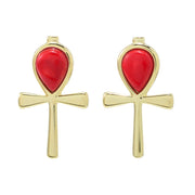 Passport to Egypt 18K Gold Plated 7x5mm Red Coral Ankh Cross Stud Earrings